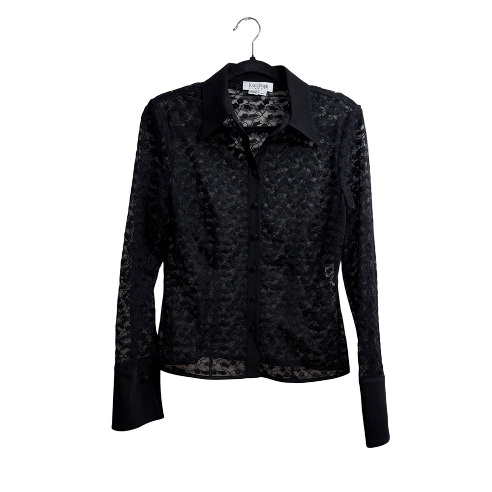 Kay Unger New York Black Lace‎ Button Down Long Sleeve Blouse Size 10 Whimsigoth